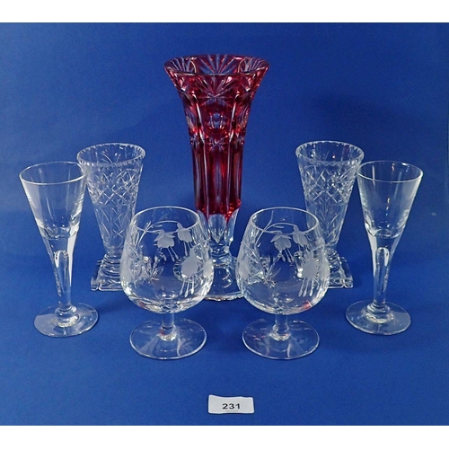 231 - Two Dartington glasses, two Stuart cut glass brandy glasses and three various vases