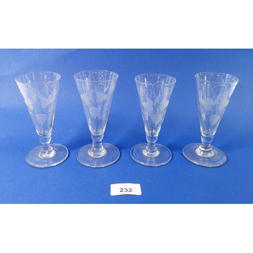 232 - A set of four Georgian glass ale flutes engraved hops, 12cm