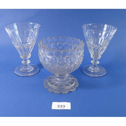 233 - A pair of 19th century cut glass conical glasses, 13cm and an early 19th century cut glass small bow... 