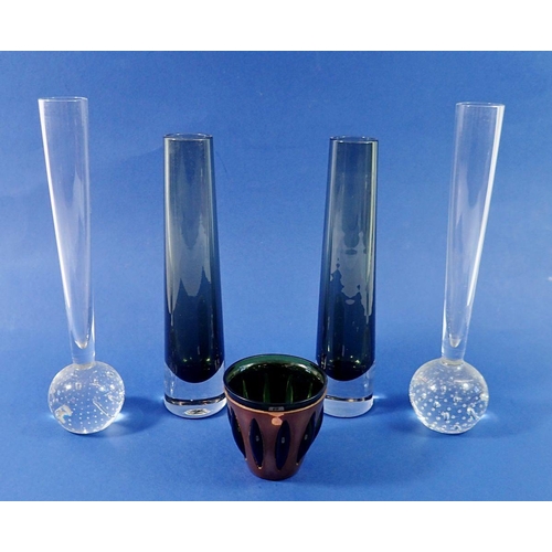 240 - A pair of Swedish style smoked glass vases 21cm tall, two stem vases and a copper cased green posy v... 