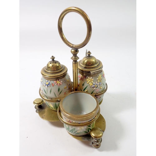 242 - A Victorian painted glass and brass three piece cruet set on stand