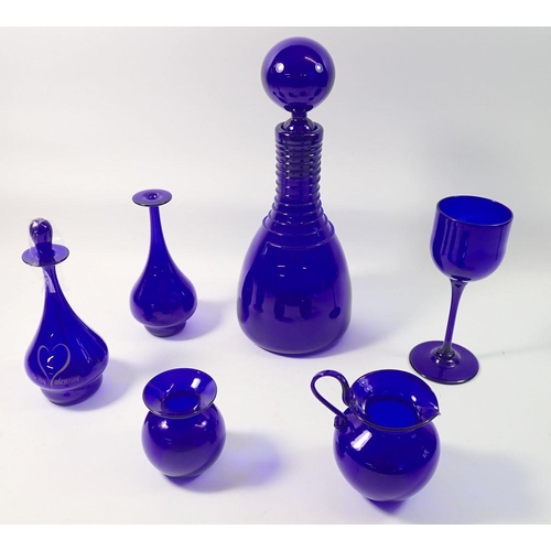 248 - A collection of six items of Bristol Blue glass including decanter, jugs, vasees etc - all signed Br... 