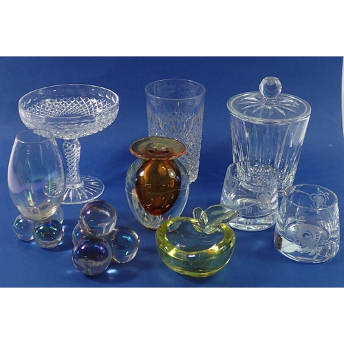 254 - A group of glass ware including green apple dish, Stuart vase, a pair of Copenhagen candleholders et... 