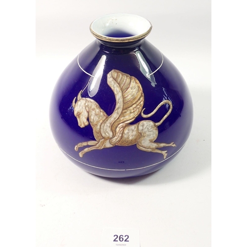 262 - A 19th century Salviati blue cased glass bulbous vase painted Pegasus, 16.5cm tall