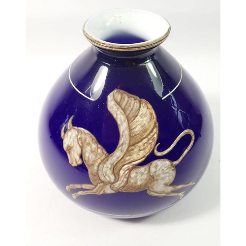 262 - A 19th century Salviati blue cased glass bulbous vase painted Pegasus, 16.5cm tall