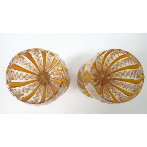 263 - A pair of latticino small yellow and white wine glasses, 10cm tall