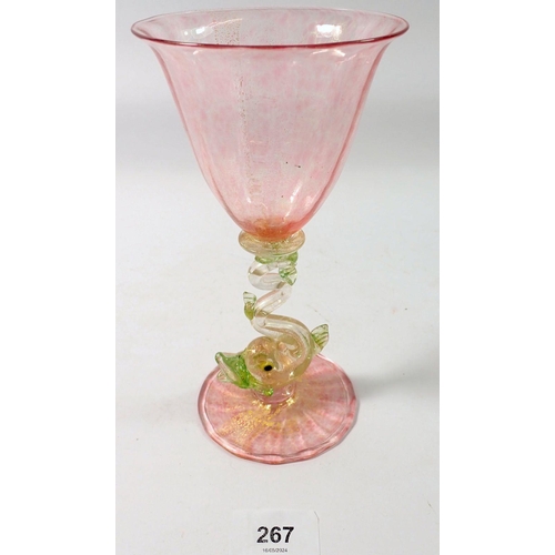 267 - A 19th century Salviati glass wine goblet, pink and gold aventurine with dolphin stem, 19cm tall