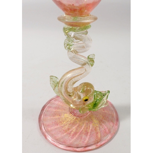 267 - A 19th century Salviati glass wine goblet, pink and gold aventurine with dolphin stem, 19cm tall