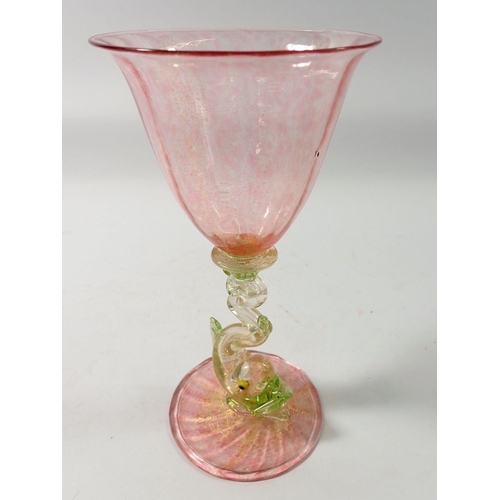 267 - A 19th century Salviati glass wine goblet, pink and gold aventurine with dolphin stem, 19cm tall