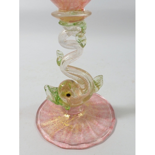 267 - A 19th century Salviati glass wine goblet, pink and gold aventurine with dolphin stem, 19cm tall