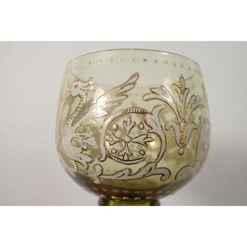 269 - A pair of 19th century Salviati wine glasses with enamelled dragon decoration - signed, 12cm tall