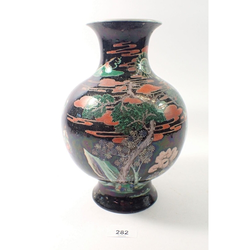 282 - A Chinese famille noir bulbous vase painted warriors attending a Royal Palace, 26cm