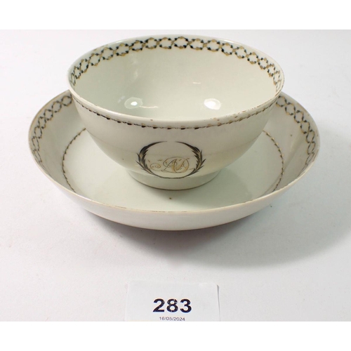 283 - An 18th century Chinee export grisaille and gold decorated bowl and saucer 'AD' initials, 15.5cm dia... 