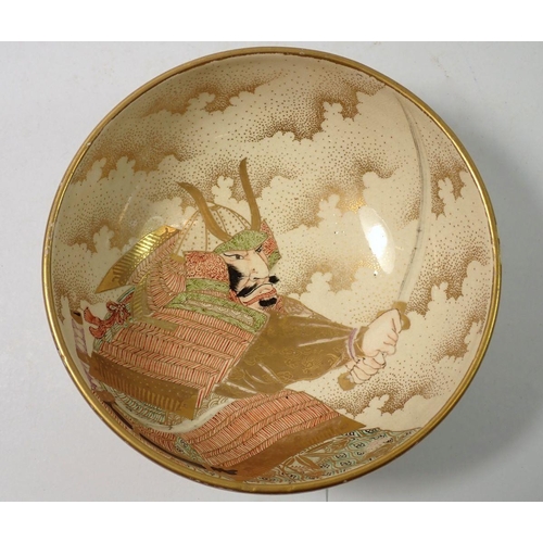 296 - A Japanese Meiji period satsuma bowl painted  samurai warrior, 13.8cm diameter