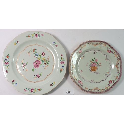 300 - A Chinese 18th century famille rose plate, 23cm diameter and a smaller one painted basket of flowers