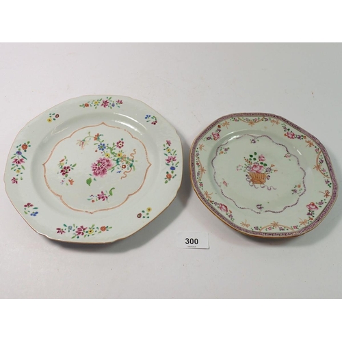 300 - A Chinese 18th century famille rose plate, 23cm diameter and a smaller one painted basket of flowers