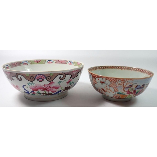 301 - A Chinese 18th century famille rose fruit bowl painted peonies and a Canton one with figurative scen... 