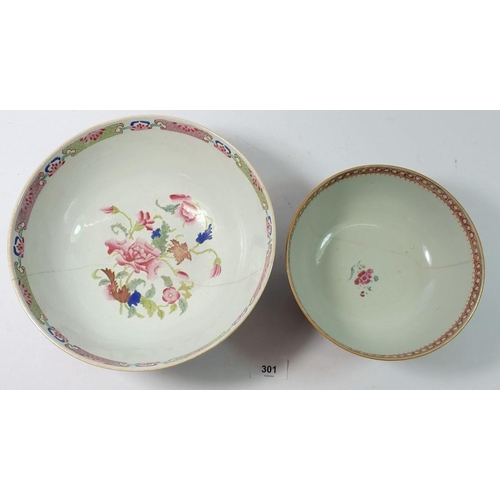 301 - A Chinese 18th century famille rose fruit bowl painted peonies and a Canton one with figurative scen... 