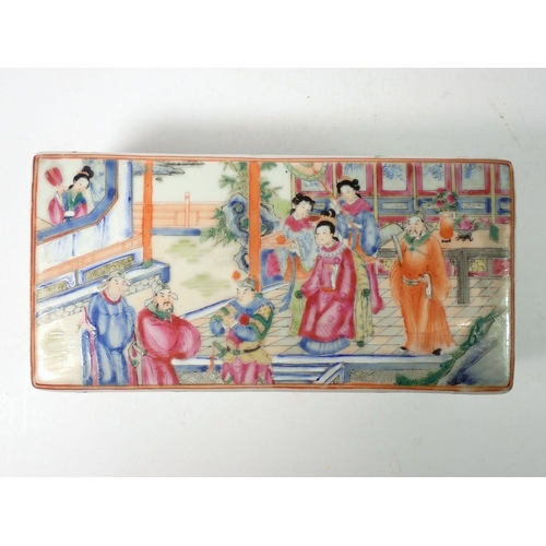 309 - A Chinese 19th century Canton famille rose rectangular box and lid decorated court ladies and offici... 