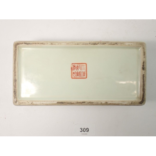 309 - A Chinese 19th century Canton famille rose rectangular box and lid decorated court ladies and offici... 