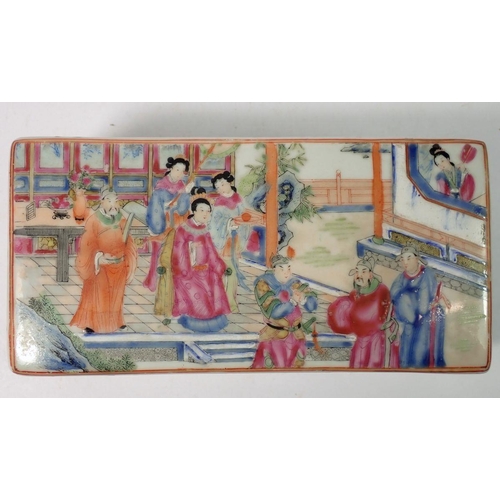 310 - A Chinese 19th century Canton famille rose rectangular box and lid decorated court ladies and offici... 