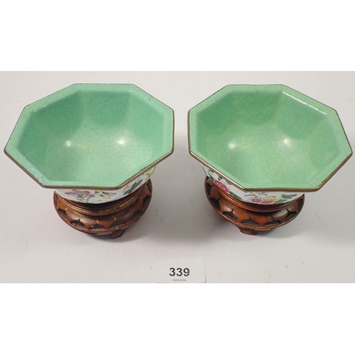 339 - A pair of octagonal cloisonné enamel bowls on stands, 11.5cm wide