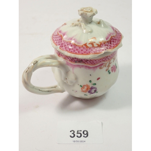 359 - An 18th century Chinese famille rose porcelain custard cup and saucer, the cover with floral finial