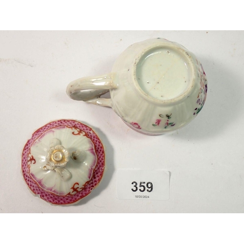 359 - An 18th century Chinese famille rose porcelain custard cup and saucer, the cover with floral finial