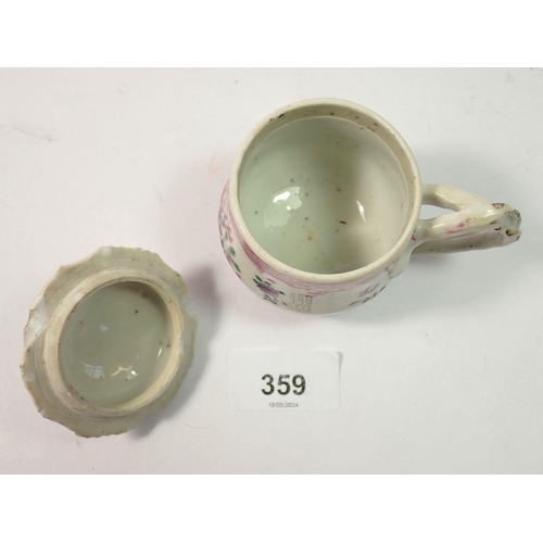 359 - An 18th century Chinese famille rose porcelain custard cup and saucer, the cover with floral finial