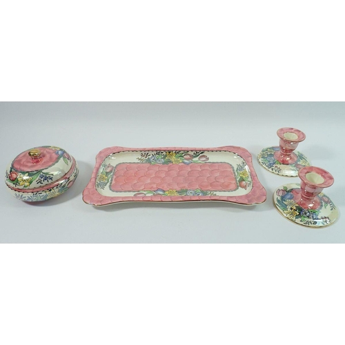 46 - A Maling lustre dressing table tray - 30cm wide, powder bowl and two candlesticks