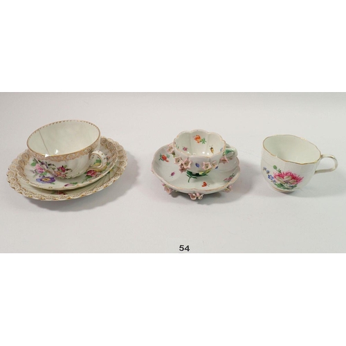 54 - A Meissen cup painted flowers (no saucer), a floral encrusted small cabinet cup and saucer and a Dre... 