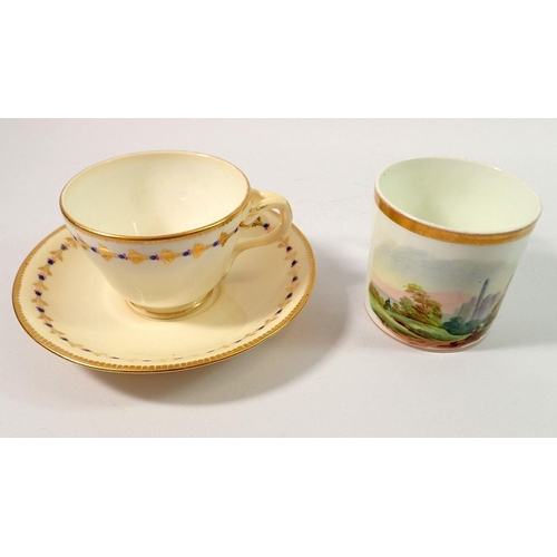 57 - A Worcester Kerr Binns teacup and saucer with blue and gilt border and a 19th century coffee can pai... 