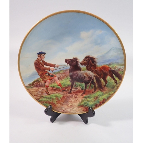 62 - A Royal Worcester plate painted Scotsman and two ponies, with hairline crack, 23cm diameter