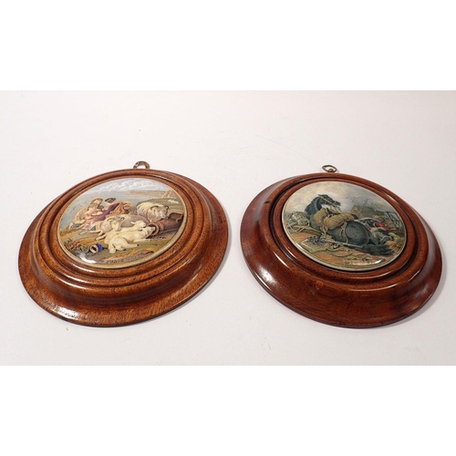 65 - Two Victorian pot lids Peace & War in mahogany frames, 17.5cm total diameter