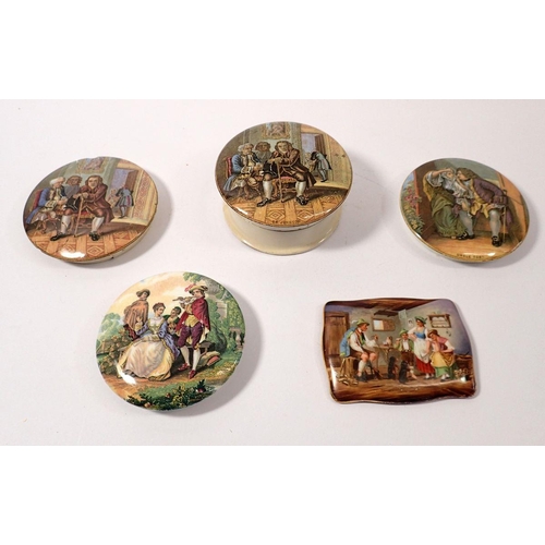 66 - Five Victorian pot lids including Uncle Toby, Dr Johnson and a rectangular painted one with interior... 