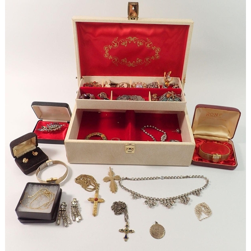 687 - A jewellery box of costume jewellery including silver St Christopher and chain