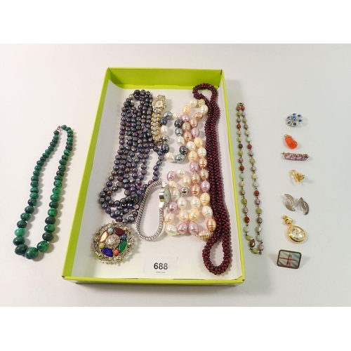 688 - Various costume jewellery including garnet and malachite bead necklaces, watches etc