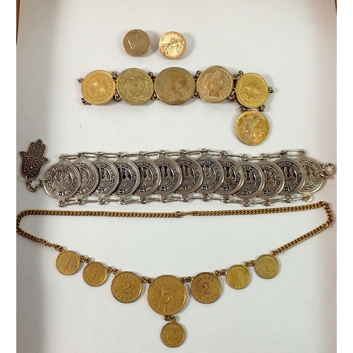 693 - A French coin necklace and earrings and two coin bracelets