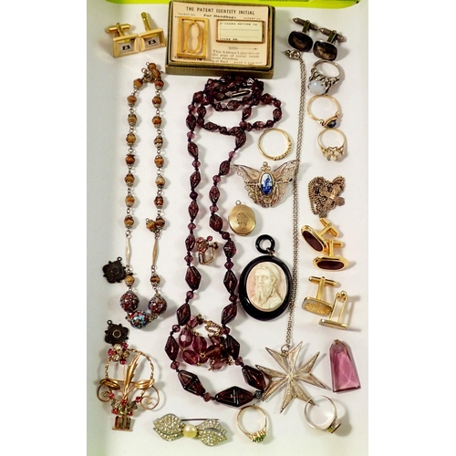 698 - A box of costume jewellery including three silver rings, silver crucifix and other silver etc.