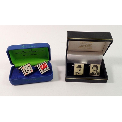 699 - A pair of Sonia Spencer cufflinks '60th Birthday' and a Laurel & Hardy pair, both boxed