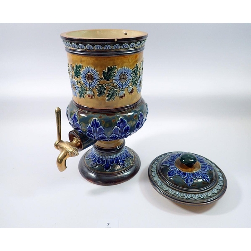 7 - A Doulton Lambeth stoneware water filter with blue floral decoration, brass tap, 36cm tall