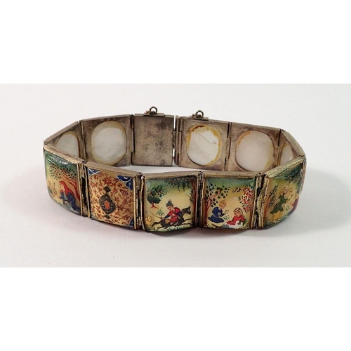 721 - A Burmese white metal painted mother of pearl bracelet