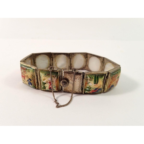 721 - A Burmese white metal painted mother of pearl bracelet