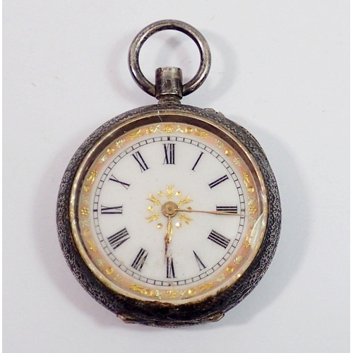 727 - A 19th century continental 935 silver fob watch with floral enamel inlaid decoration to back