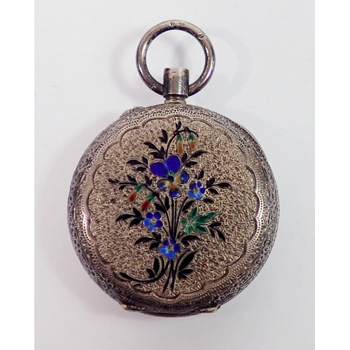 727 - A 19th century continental 935 silver fob watch with floral enamel inlaid decoration to back