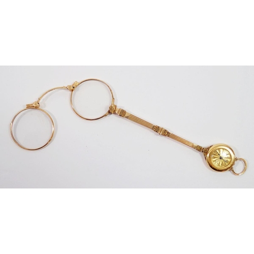 729 - A Mappin & Webb 15 carat gold lorgnette with watch to terminal, 17cm, 39g