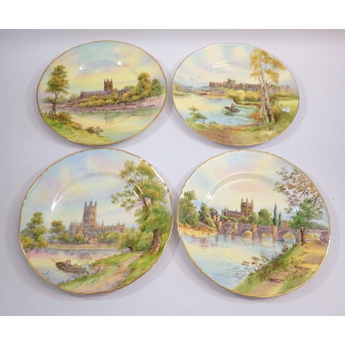 73 - Four Royal Worcester plates painted Worcester Cathedral and Gloucester Cathedral by Telford, Herefor... 