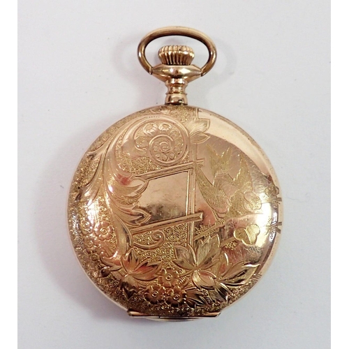 739 - An Elgin gold plated pocket watch with engraved bird and foliage decoration