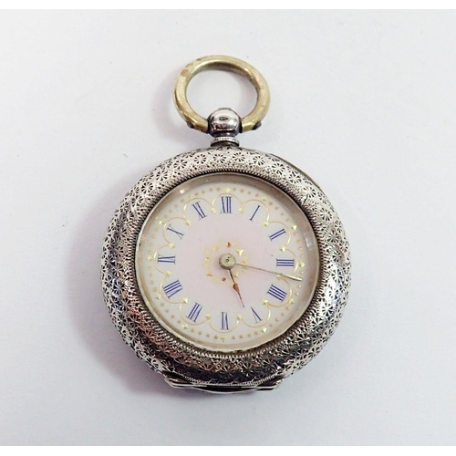 742 - A 935 silver ladies fob watch with decorative enamel dial