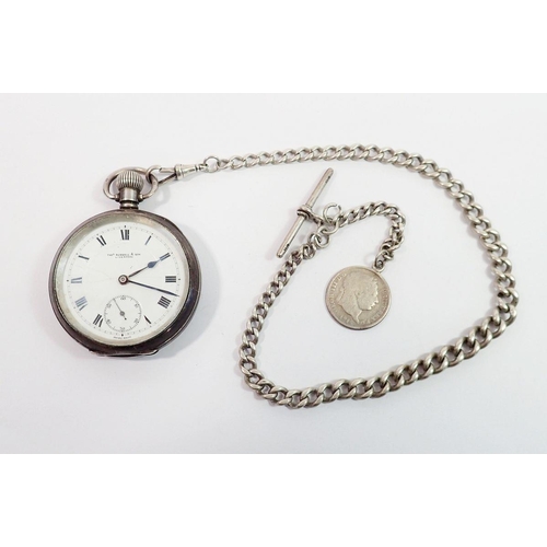 743 - A silver pocket watch by Thomas Russell & Son Birmingham 1916 and a silver fob chain with coin, chai... 